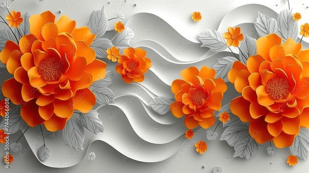 Poster an orange flower on a white background with leaves and flowers on the bottom of the image and the bo