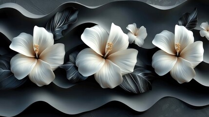  a group of white flowers sitting on top of a black and white wave shaped surface with leaves and flowers in the center of the wave, on a black background is a black and white.