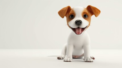 Cute puppy sitting down with a happy expression on its face. The puppy is white and brown, with short fur and a long tail. - obrazy, fototapety, plakaty