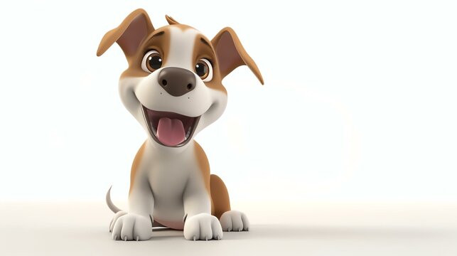 A cute and happy cartoon puppy is sitting on the floor. The puppy has brown and white fur, and is looking up with a playful expression.