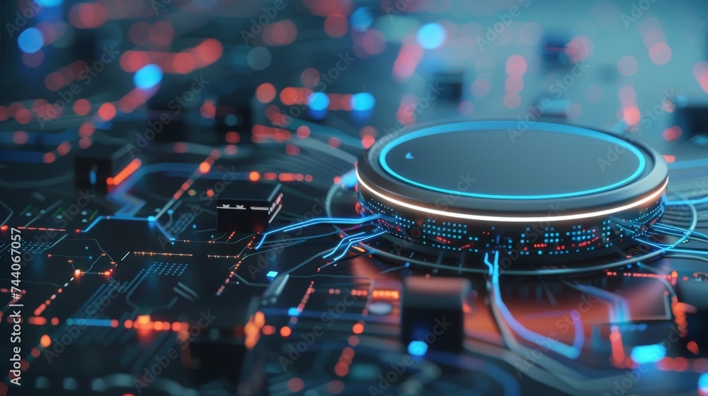 Poster a 3d rendering of a futuristic circuit board.