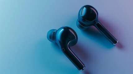 A pair of black wireless earbuds. 