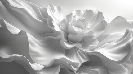  a black and white photo of a flower on a gray and white background, with a soft, flowing fabric over the top of the flower and bottom of the image.