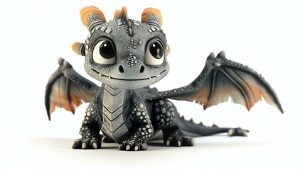 Cute and friendly 3D rendered dragon with big eyes. The dragon has grey and orange scales and is sitting on a white background.