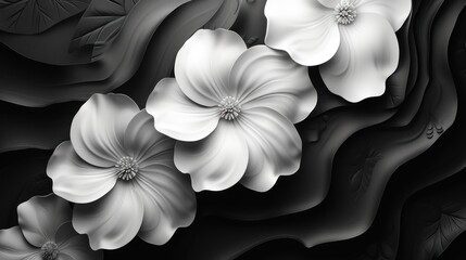  a black and white photo of flowers and leaves on a black and white background with a swirl in the middle of the photo and a white flower in the middle of the middle of the photo.