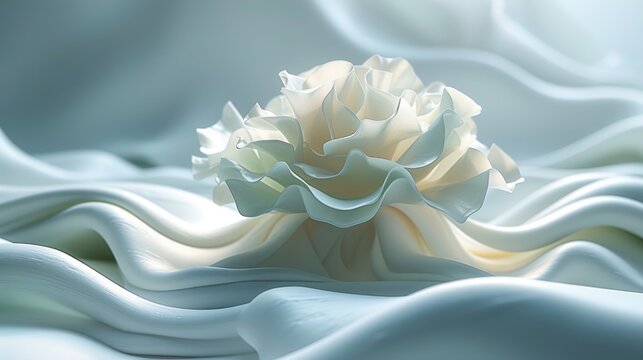  a large white flower sitting on top of a white bed covered in white sheets and a light blue blanket behind it, in the middle of the picture is a blurry background.