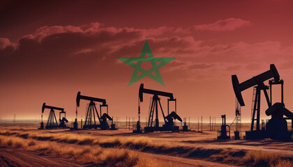 Oil production in the Morocco. Oil platform on the background of the Morocco flag. Morocco flag and oil rig. Morocco fuel market.