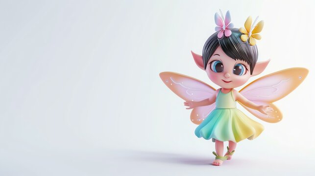 Little fairy with big eyes and colorful wings. 3D rendering.