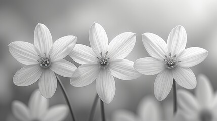  a black and white photo of a group of white flowers with a blurry back ground behind the flowers is a black and white photo of three petals in the foreground.