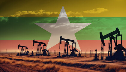 Oil production in the Myanmar. Oil platform on the background of the Myanmar flag. Myanmar flag and oil rig. Myanmar fuel market.