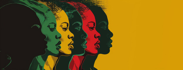 Black History Month art, profiles on African American women in red, yellow, and green, copy space