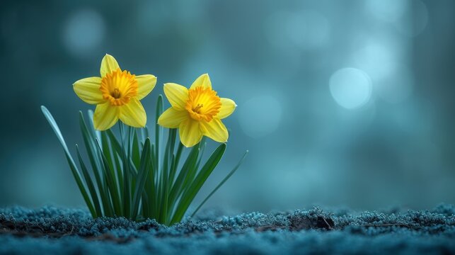  two yellow daffodils sitting on top of a moss covered ground in front of a blue boke of boke of light and a blurry background.