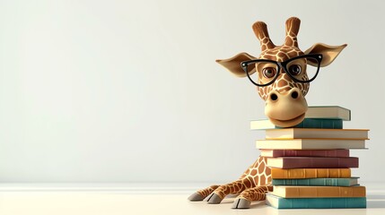 An adorable giraffe wearing glasses is resting next to a stack of books. The background is a soft, neutral color.