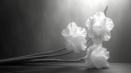  a couple of white flowers sitting on top of a wooden table next to a black and white picture of a light shining down on the back of the flower petals.