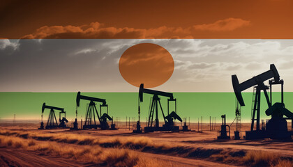 Oil production in the Niger. Oil platform on the background of the Niger flag. Niger flag and oil rig. Niger fuel market. - obrazy, fototapety, plakaty