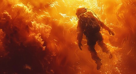 A fearless firefighter in full gear bravely braves the fiery depths of an underwater inferno