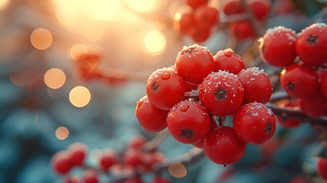  a close up of a bunch of red berries on a tree with water droplets on the berries and the sun shining through the blurry background of the blurry background.
