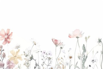Obraz na płótnie Canvas Floral frame. Bright summer flowers arrange in border on white background. AI generated illustration