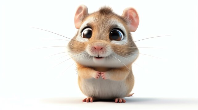 3D rendering of a cute cartoon mouse. The mouse is standing on its hind legs with its front paws together.