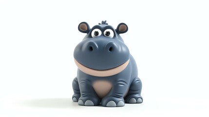 Cute and funny 3D illustration of a hippopotamus sitting on a white background. The hippo has a big smile on its face and is looking at the camera.