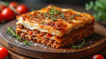  a close up of a plate of lasagna on a table with tomatoes and parmesan cheese on the top of the lasagna and on the bottom of the plate.