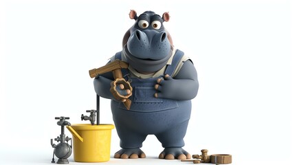 3D rendering of a happy cartoon hippo plumber holding a wrench and standing next to a yellow bucket.