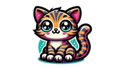Clipart of a cute cartoon cat with big round eyes, striped fur, and a playful expression. The design is outlined in black with vibrant colors filling in the details. AI Generated