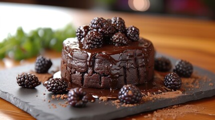  a chocolate cake with chocolate frosting and blackberries on a slate platter next to a leaf of green leaves on a wooden table with a blurry background.