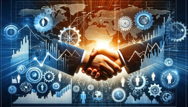 Business concepts with a handshake between two individuals. The backdrop features rising graphs, gears, and global icons, representing partnerships, growth, and global interconnectedness. AI Generated