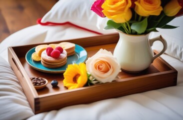 Obraz na płótnie Canvas valentine's Day, world family Day, romantic breakfast in bed, wooden tray on the bed, flowers and pancakes with berries