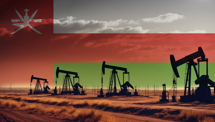 Oil production in the Oman. Oil platform on the background of the Oman flag. Oman flag and oil rig. Oman fuel market.