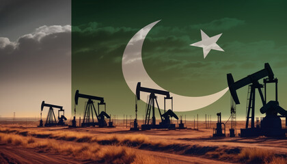 Oil production in the Pakistan. Oil platform on the background of the Pakistan flag. Pakistan flag and oil rig. Pakistan fuel market. - obrazy, fototapety, plakaty