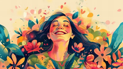 illustration of a girl laughing surrounded by flowers, optimistic concept, happycore