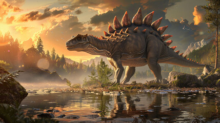 Stegosaurus in his natural habitat - obrazy, fototapety, plakaty
