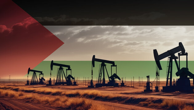 Oil production in the Palestine. Oil platform on the background of the Palestine flag. Palestine flag and oil rig. Palestine fuel market. - Powered by Adobe