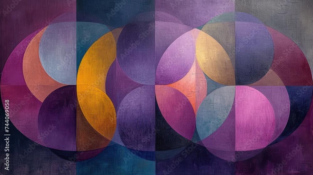 Poster a painting of a bunch of different colored circles on a purple and black background with a white str