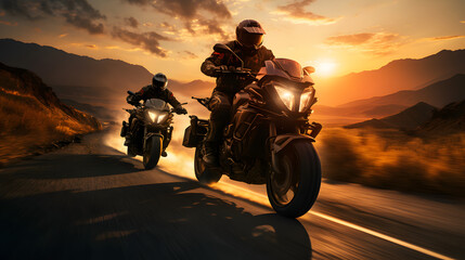 four motorcycle riders on the road at sunset on a bike