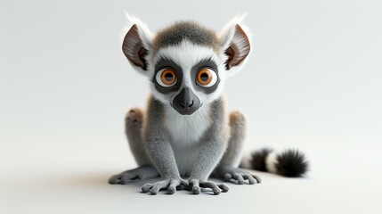 A cute and adorable baby lemur with big eyes and a long tail is sitting on a white background.