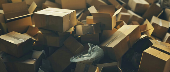 Scattered cardboard boxes in warehouse, symbolizing logistic challenges or disorder. - obrazy, fototapety, plakaty