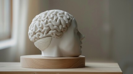 A statue of a human head with a brain on a wooden base.
