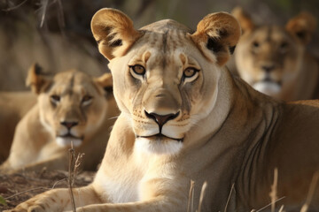 Obraz premium Adult lioness and cub resting in natural habitat