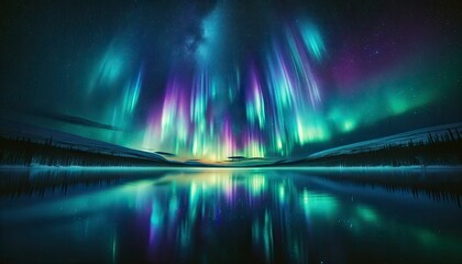 A captivating photo showcasing the mesmerizing beauty of the aurora borealis, with vibrant hues reflecting on a serene lake. AI Generated