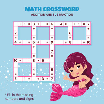 Math Crossword puzzle for kids. Addition and subtraction. Counting up to 10. Game for children. Vector illustration. Colorful crossword with cartoon mermaid. Task, education material for kids.