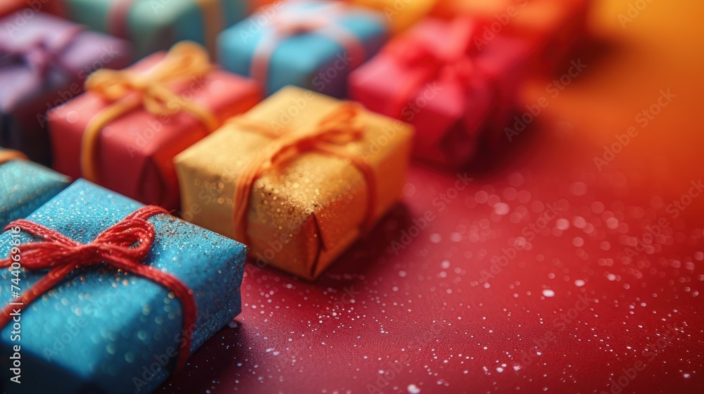 Poster a close up of a group of small gift boxes with a red ribbon on the top of one of them and a blue box
