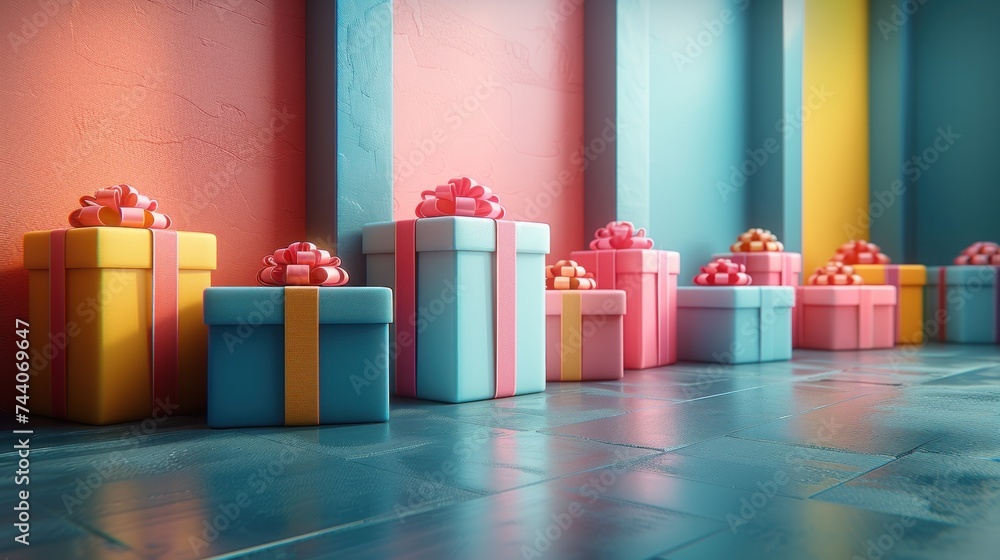 Poster a group of colorful gift boxes sitting on top of a tiled floor next to a colorful wall with a red bo
