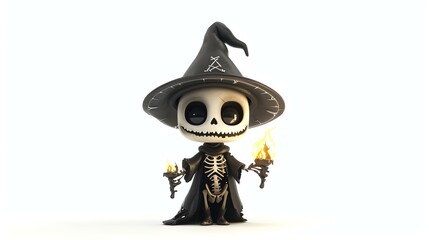 3D rendering of a cute skeleton wizard. The skeleton is wearing a black hat and robe and holding two candles.