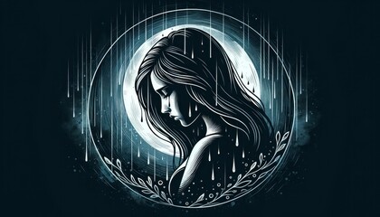 An illustration symbolizing a woman's feelings of sadness and despair, with a stormy backdrop. AI Generated - obrazy, fototapety, plakaty