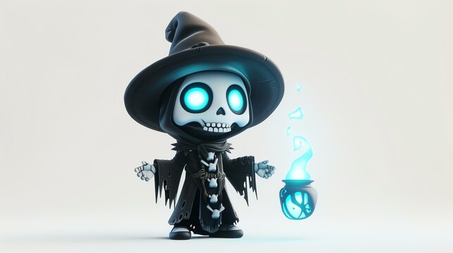 3D rendering of a cute skeleton wizard. The wizard is wearing a black robe and a pointy hat.