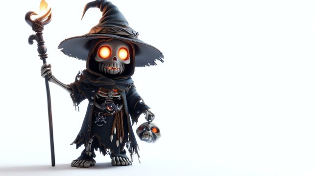 3D rendering of a cute skeleton wizard. The wizard is wearing a black robe and a pointy hat. He is holding a staff with a skull on the top.