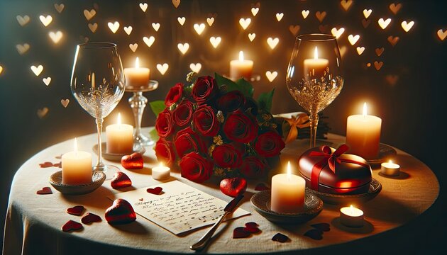 A candlelit dinner table adorned with Valentine's Day essentials like red roses, and wine. A handwritten love letter and soft music notes in the background further enhance the mood. AI Generative